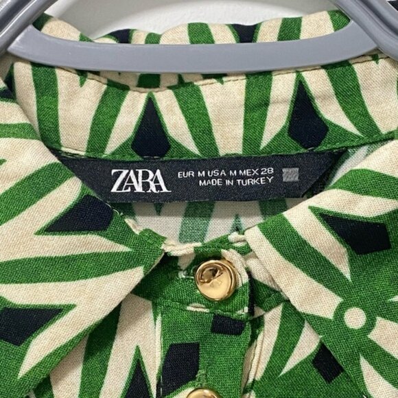 Zara Geometric Print Belted Midi Dress Green/Black/White Size M — 100% Viscose - Picture 8 of 9